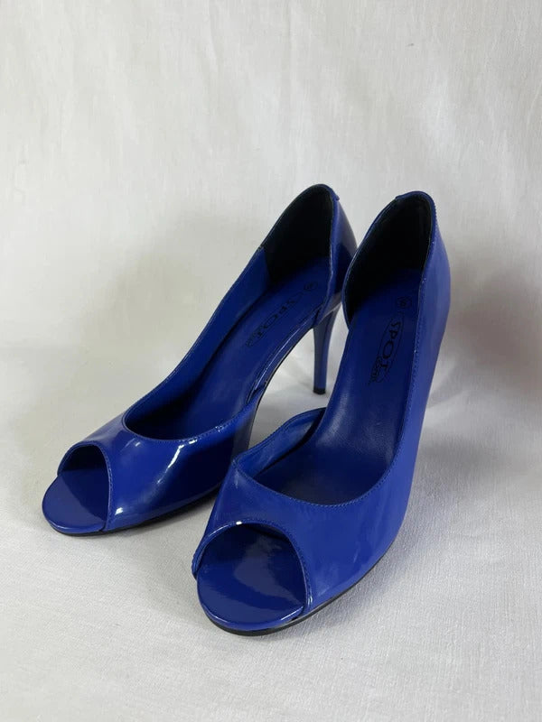 Spot On | Size 6 |  Chic blue open toe heels | Faux Patent Leather