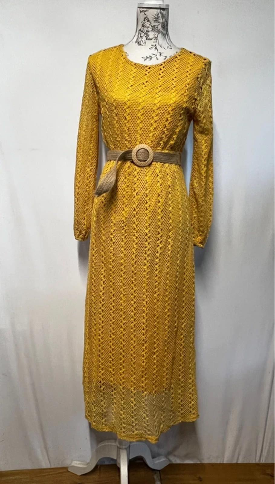 Park July | M | Boho Canary yellow crochet dress with hessian belt