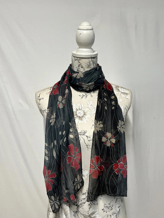 Vintage Ladies Scarf | Black and Red Floral