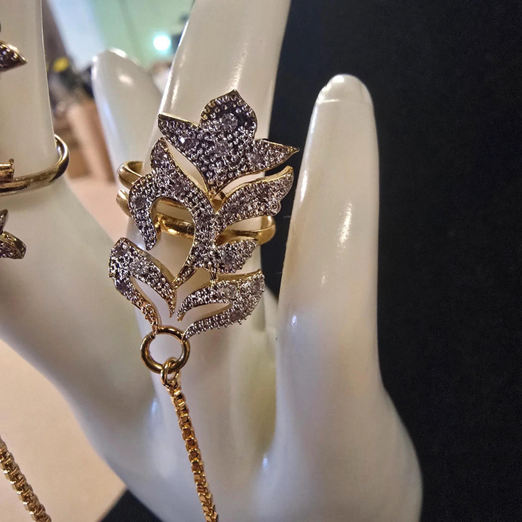 Gold Tone Double Finger Ring with Chain | American Diamond | Adjustable