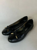Kinloch | Size 6 | Black patent rim leather ballets with gold trim bows
