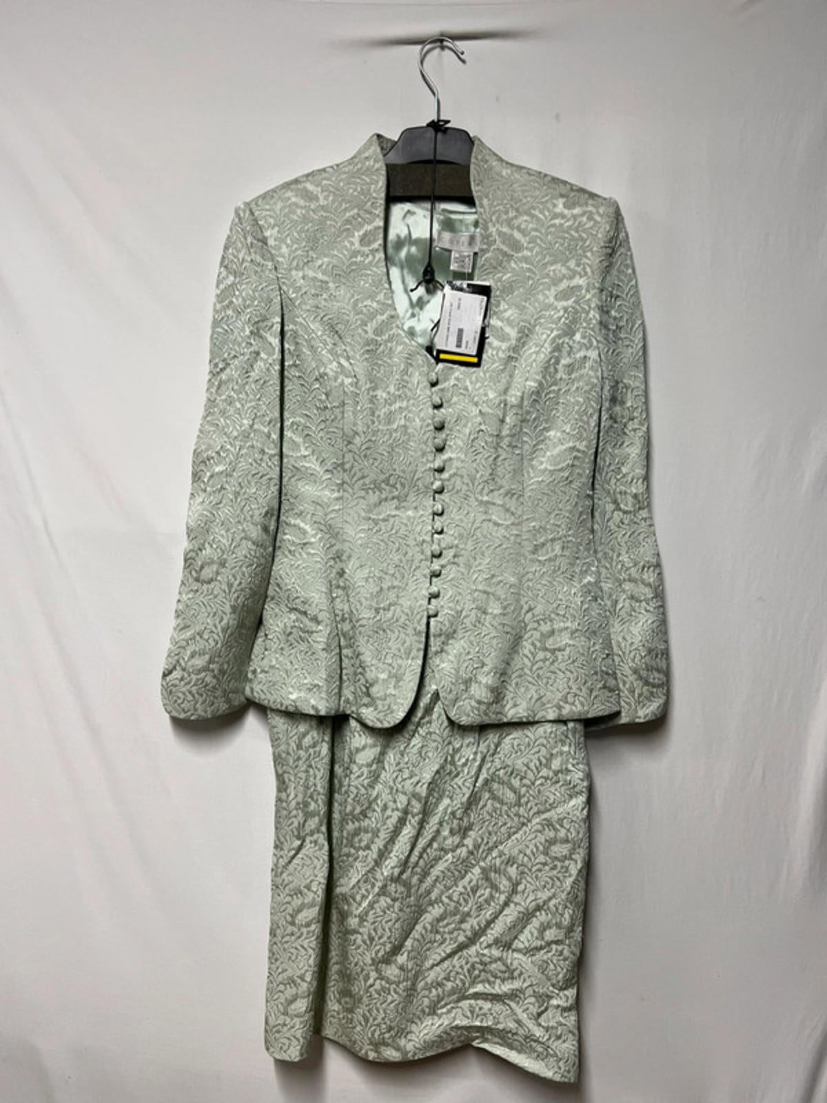 Vintage Light Green Jacquard Skirt Suit with Button Front Jacket