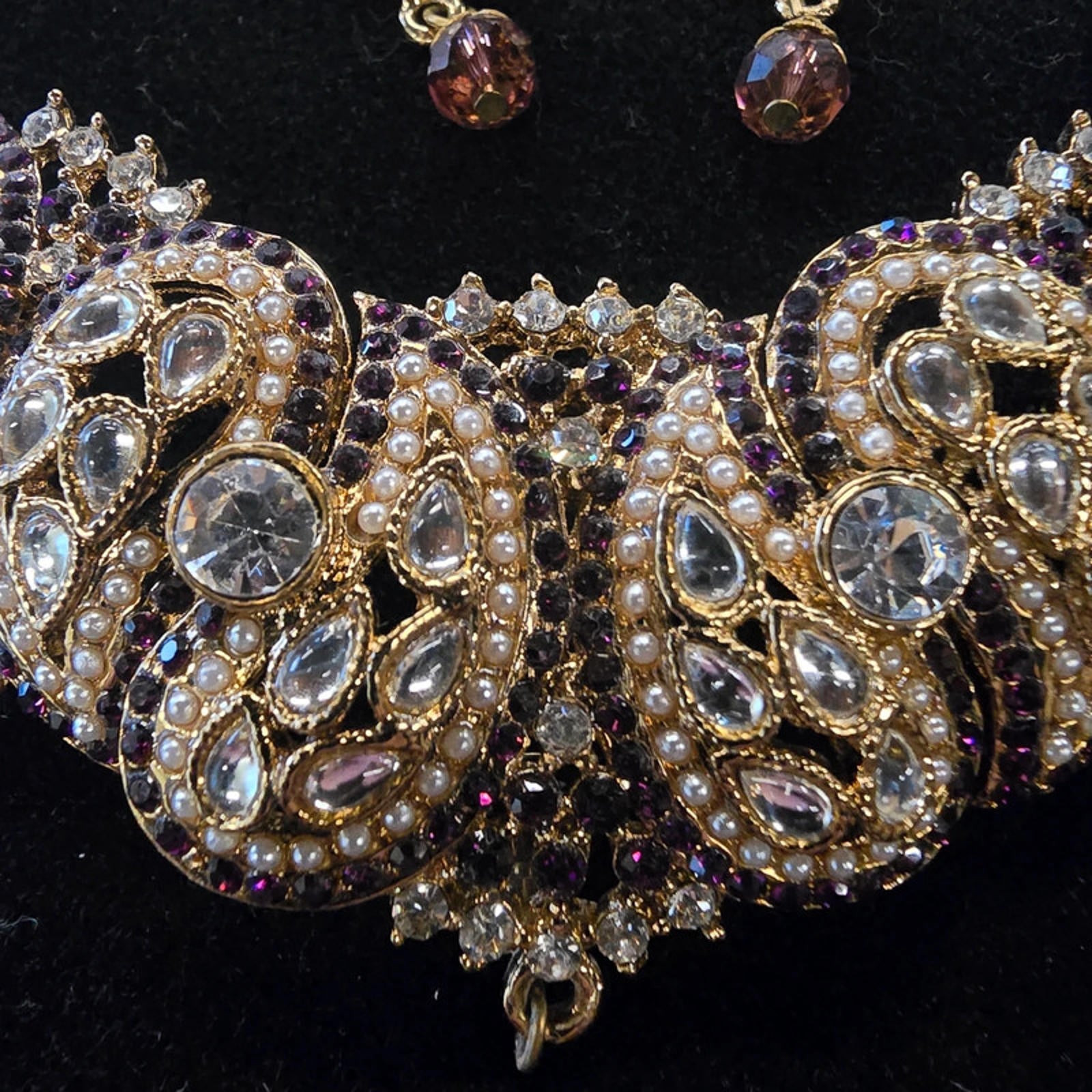 Kundan Choker Necklace Set | 3 Piece | Gold, Brown &amp; Purple