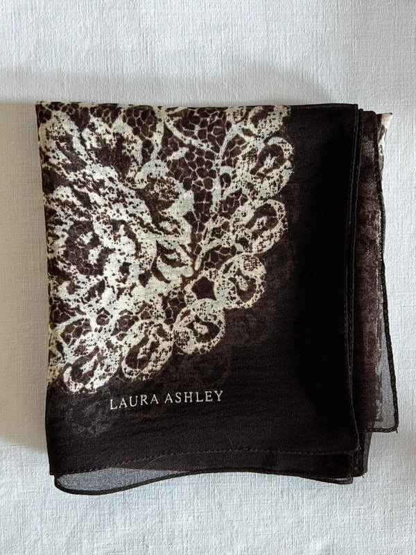 Vintage Laura Ashley | Brown and Cream/Beige Silk Lace-Print Bandanna