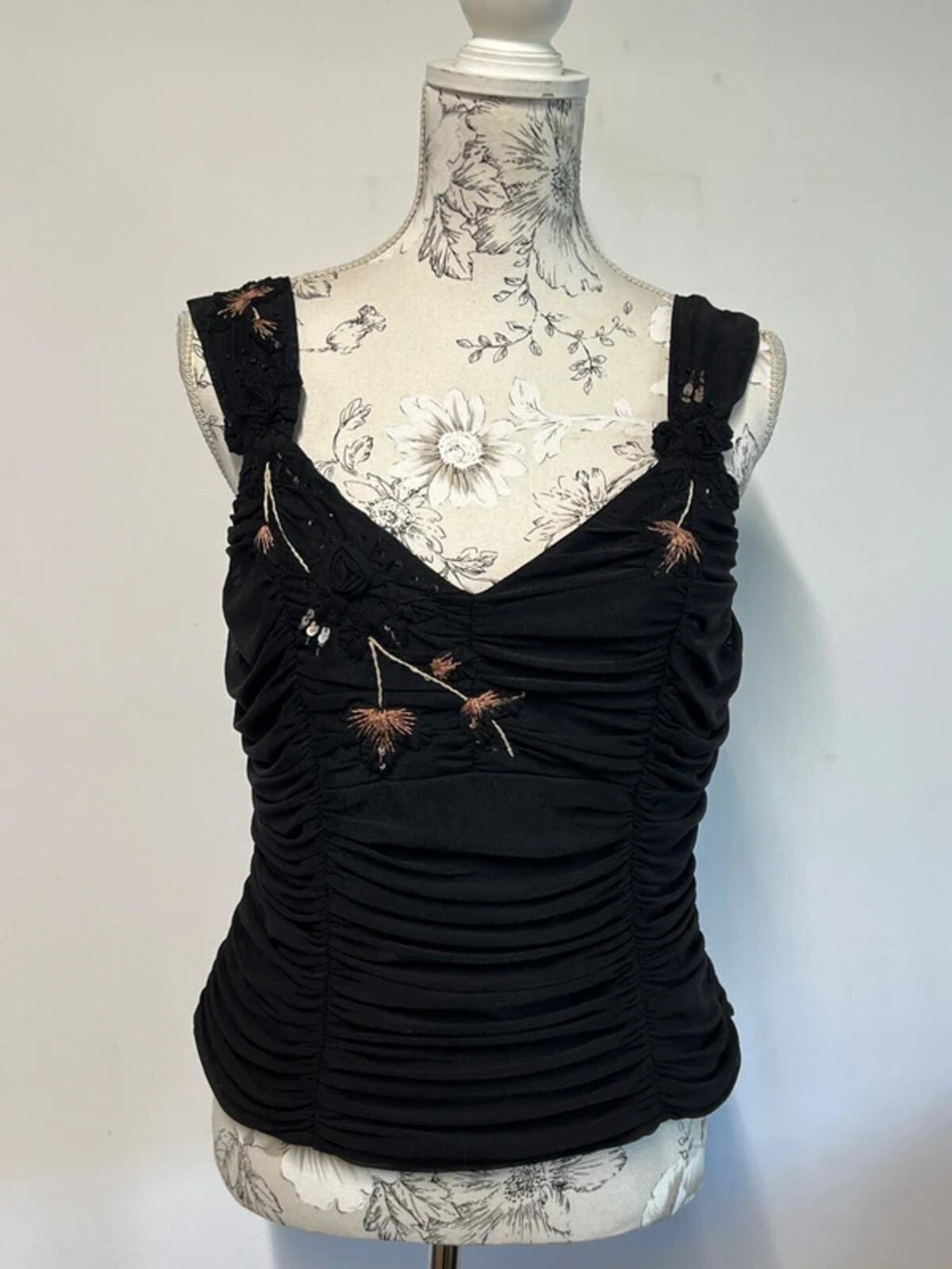 Precis Petite | 14 | Stylish Black ruffled vest top with detailed embroidery