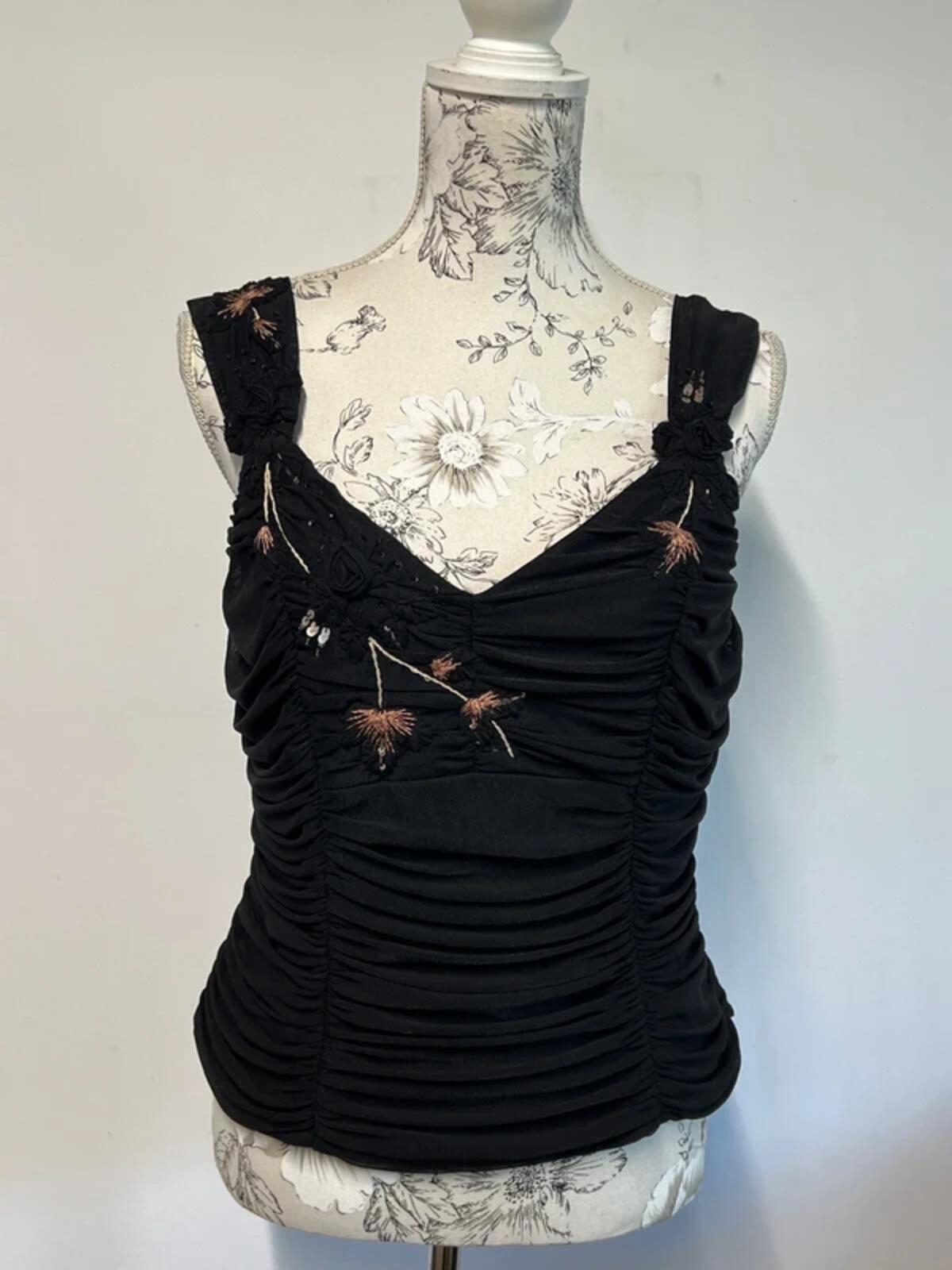 Precis Petite | 14 | Stylish Black ruffled vest top with detailed embroidery