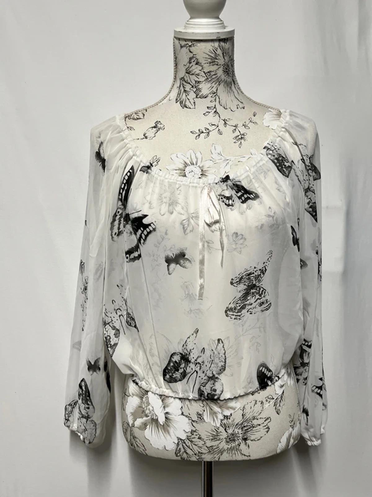 LY | S/M | White Blouse Butterfly Pattern | Very Good