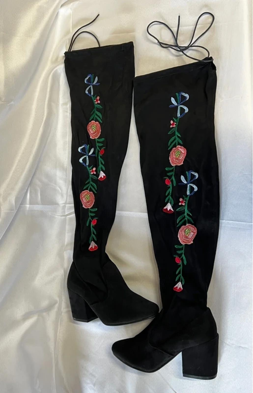 Sole Diva | Ladies Alt Embroidered Over-Knee Boots | Floral Pattern | Faux Suede