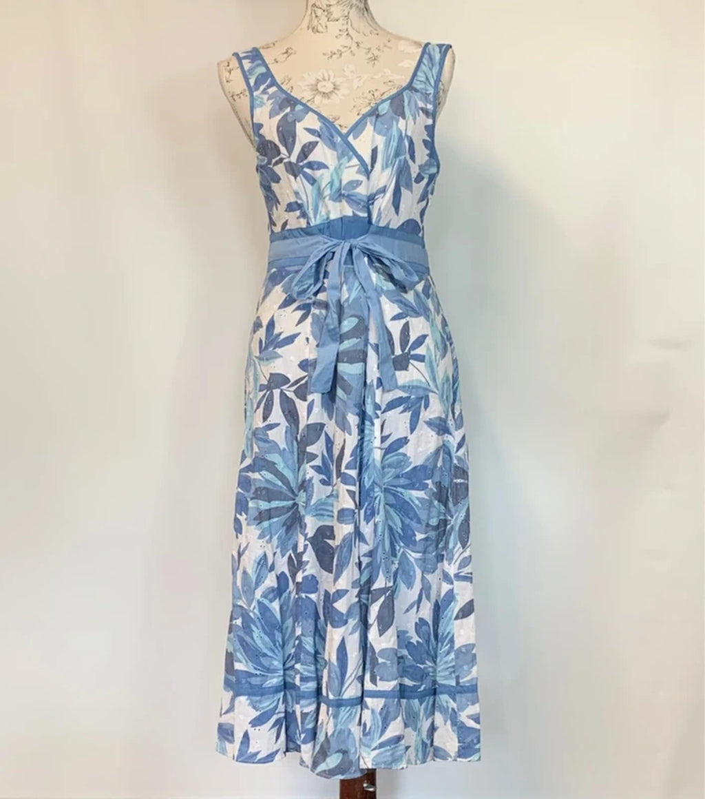 Per Una | 14L | Long blue and white summer dress | 100% Cotton