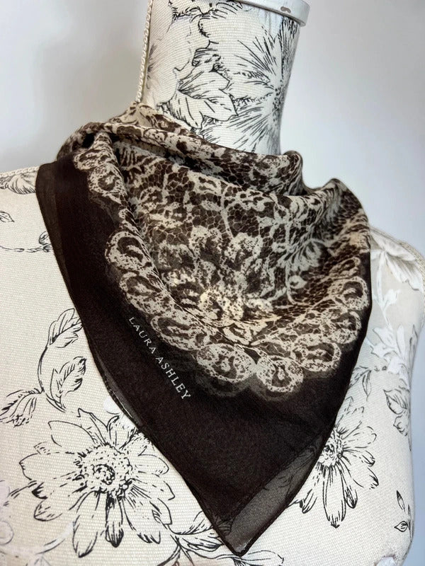 Vintage Laura Ashley | Brown and Cream/Beige Silk Lace-Print Bandanna