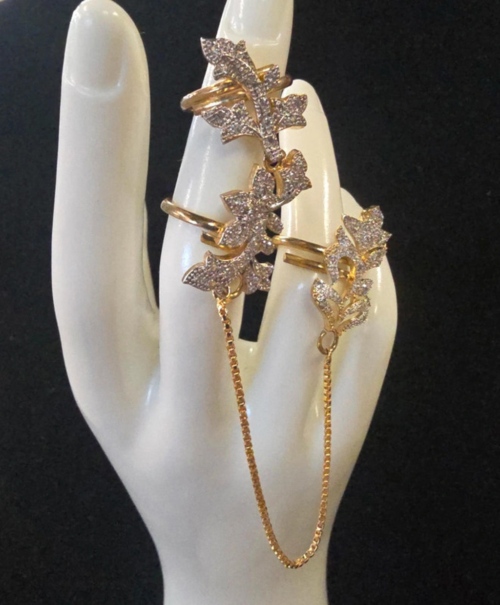 Gold Tone Double Finger Ring with Chain | American Diamond | Adjustable