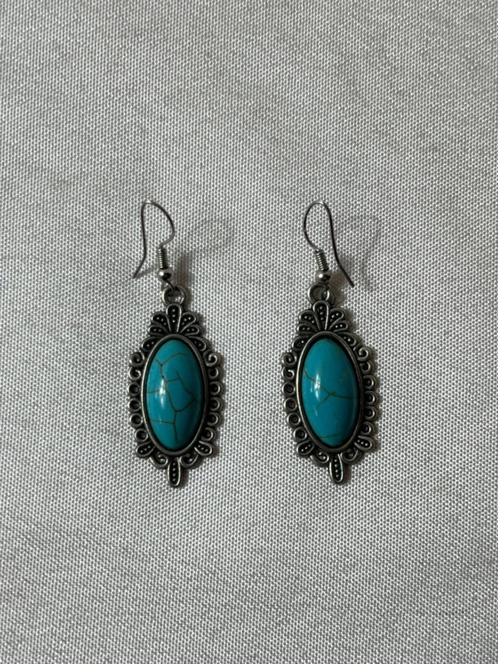 Vintage Styled | Oval Turquoise Stone Drop Earrings|  Silver Tone