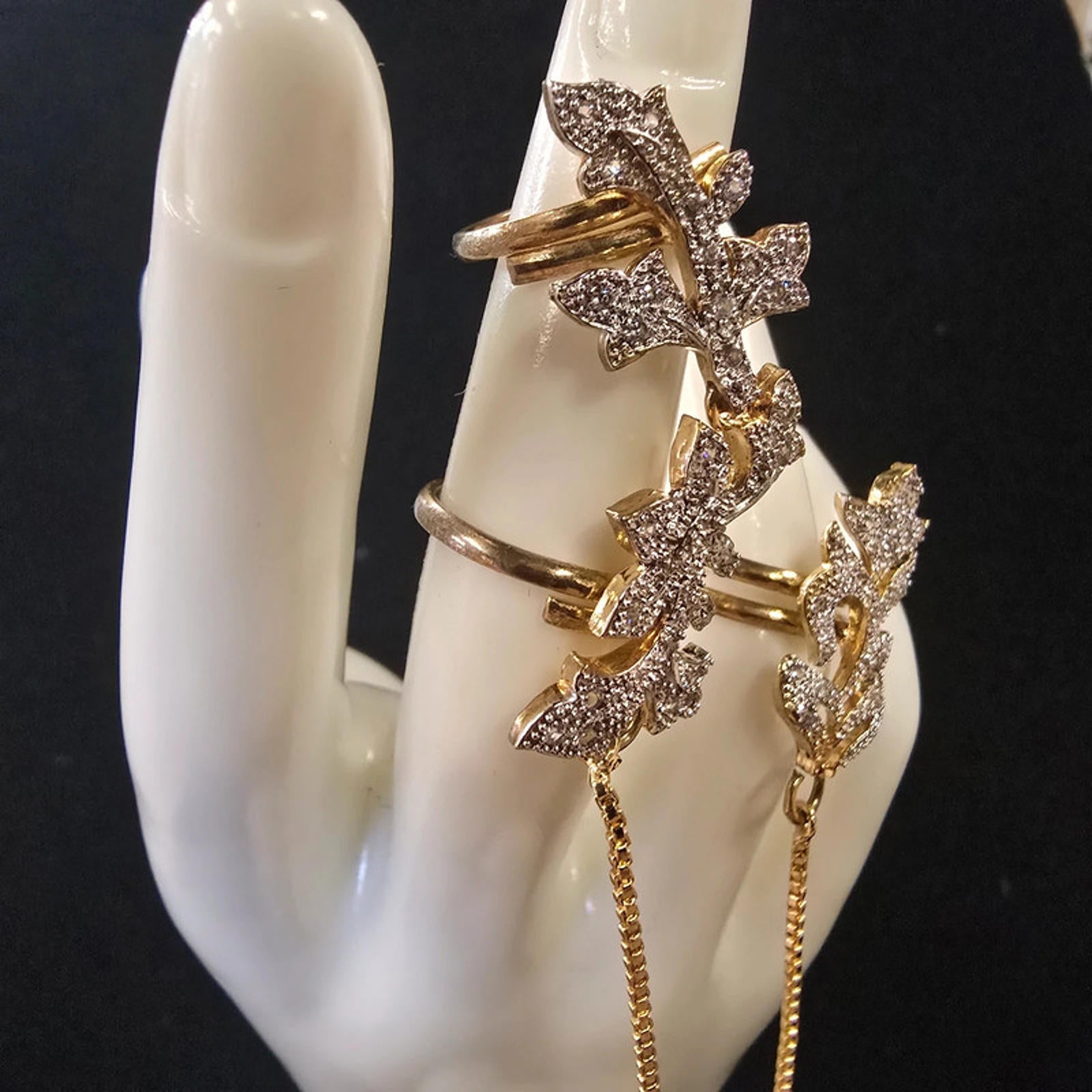 Gold Tone Double Finger Ring with Chain | American Diamond | Adjustable