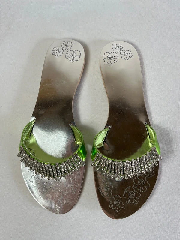 Savannah Collection | Size 8 | Y2K Green Metallic Flip Flops with faux gemstones