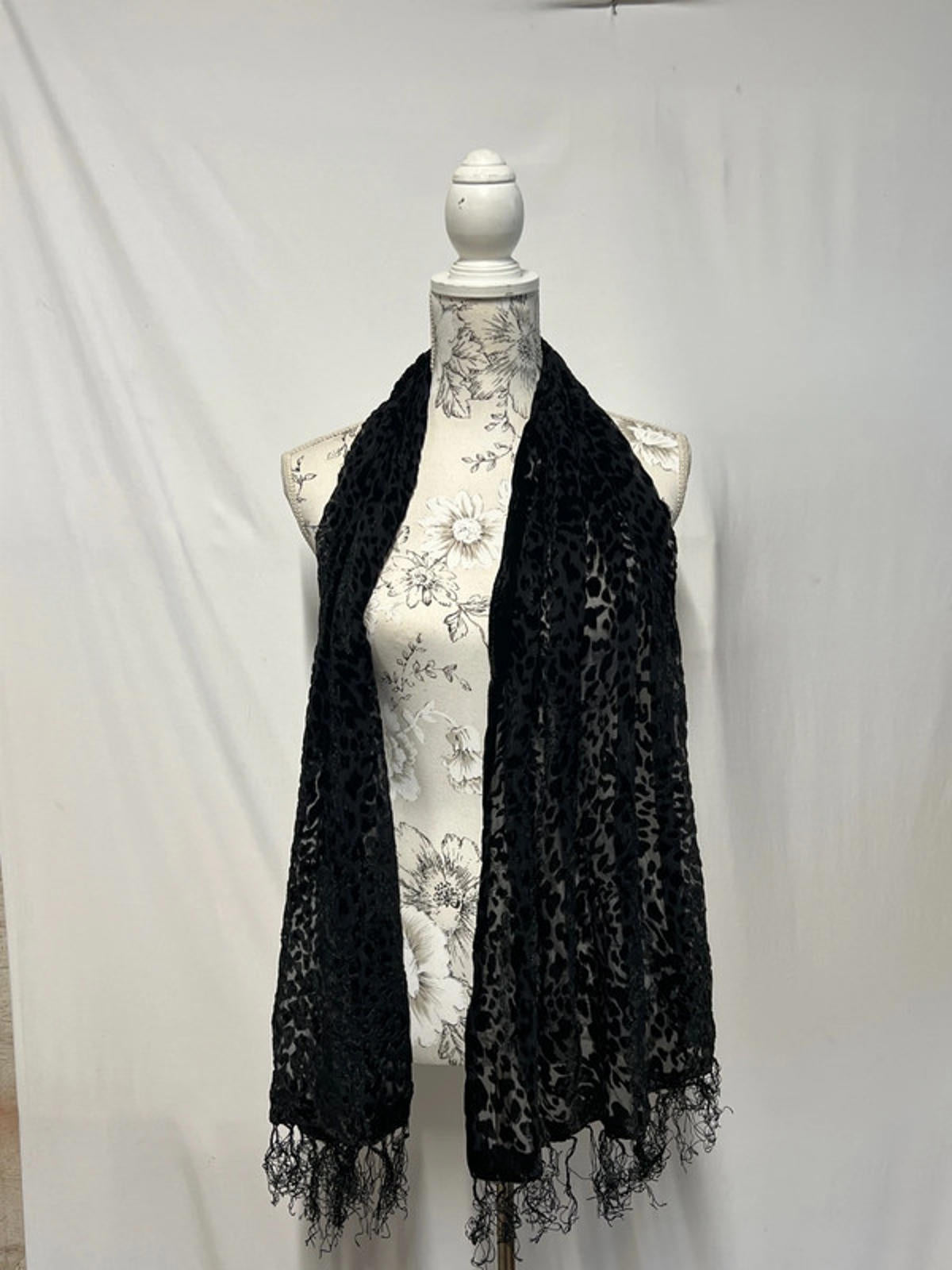 Black Sheer Leopard Print Scarf with Fringe