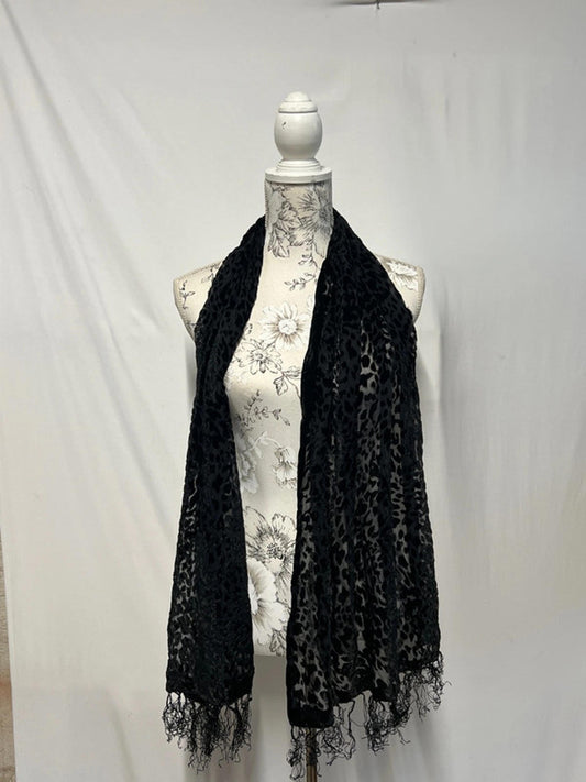 Black Sheer Leopard Print Scarf with Fringe