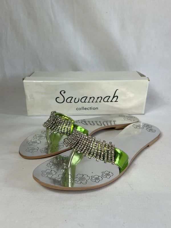 Savannah Collection | Size 8 | Y2K Green Metallic Flip Flops with faux gemstones