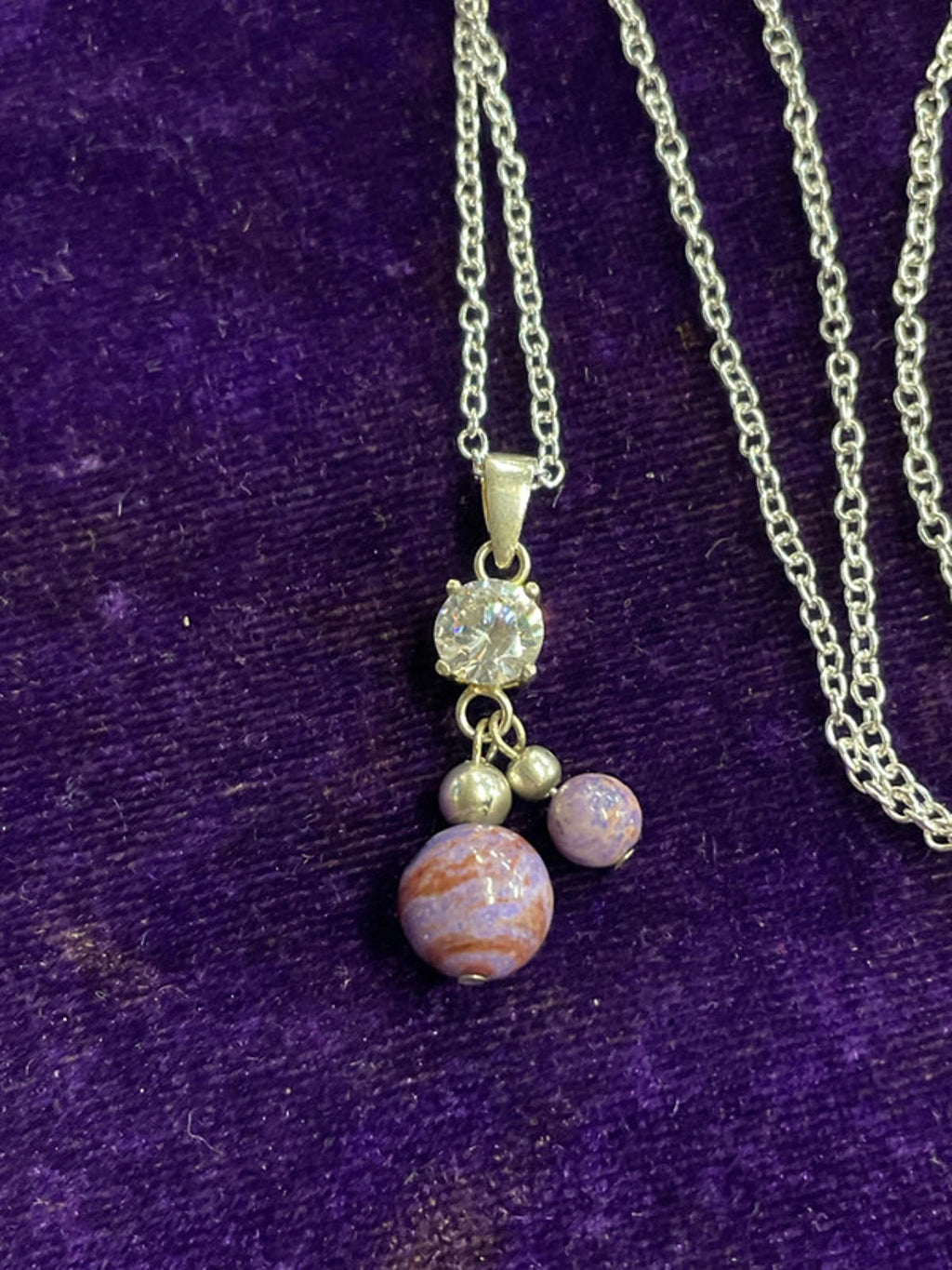 Silver Necklace | Purple &amp; Brown Sphere Pendants | 25cm
