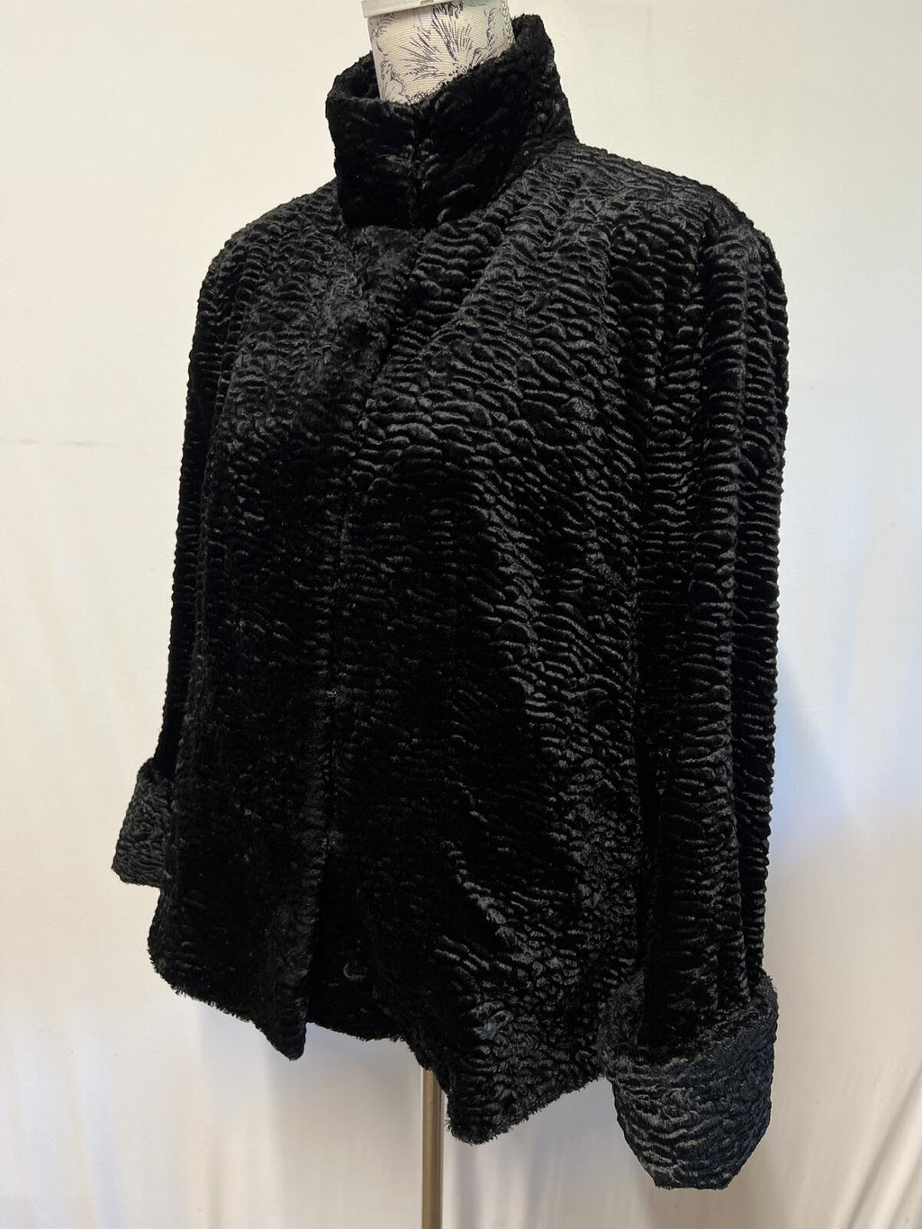 Wallis | Size Large | Black Textured Faux Fur Jacket With Hook Eye Fastenings