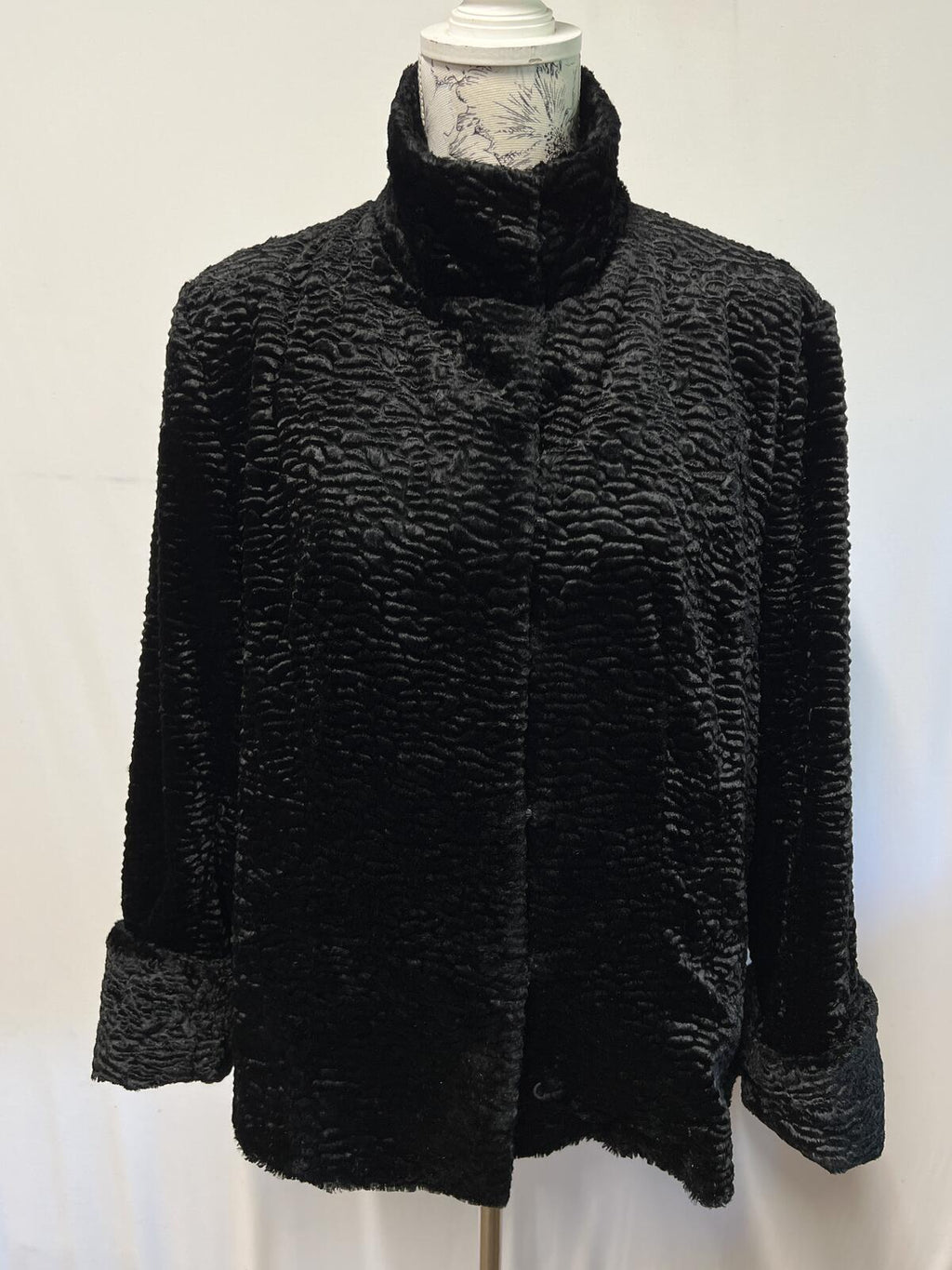 Wallis | Size Large | Black Textured Faux Fur Jacket With Hook Eye Fastenings